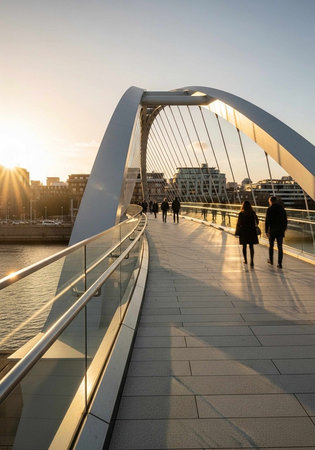 Modern pedestrian bridge with curved arches, people walking, and city buildings in the background...