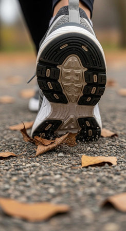 A close-up view of a running shoe stepping on fallen leaves on a gravel path.