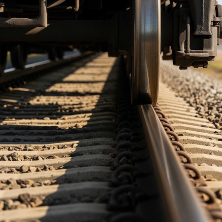 A detailed close-up of a train wheel on a railway track with gravel and shadows.