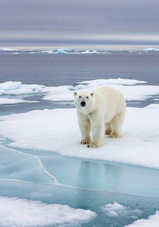 A solitary polar bear on a large ice floe in the Arctic Ocean.の写真素材