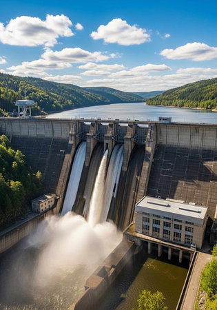 Aerial view of a massive concrete dam with water flowing over its spillway into a river, surrounded by lush greenery and hills.の写真素材