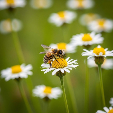 A busy bee collecting pollen from a vibrant daisy in a lush green field of flowers
