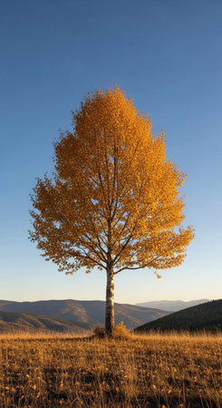 A lone tree stands in a field with mountains in the background under a clear blue sky