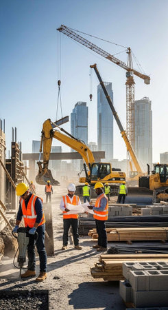 Workers in high-visibility vests and helmets on a construction site with excavators and cranes, city...
