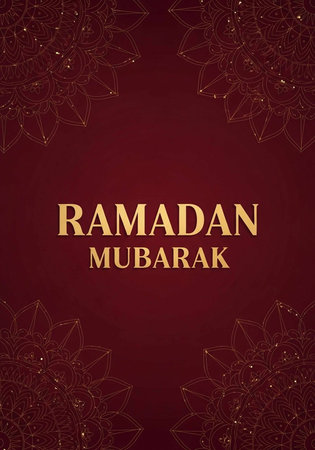 A red greeting card featuring "Ramadan Mubarak" in gold text with intricate floral patterns.の写真素材