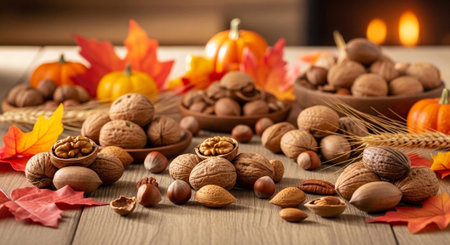 Assorted nuts, pumpkins, and autumn leaves on a rustic wooden table with warm lighting.