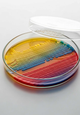 Close-up of a petri dish displaying vibrant, multicolored bacterial colonies.
