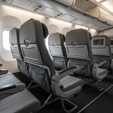 Empty airplane seats in a clean, well-lit economy class cabin with overhead compartments and...