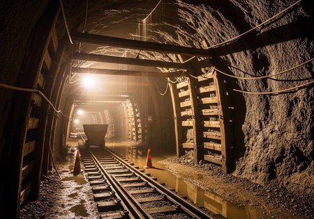 A dimly lit mining tunnel featuring railway tracks, ore carts, and rugged walls.