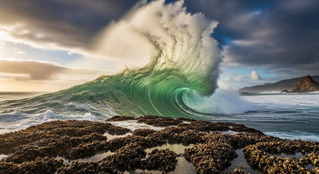 A powerful wave curls and crashes over a rocky shore with seaweed.