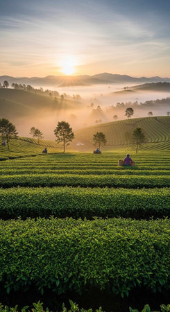 A serene landscape of a tea plantation at sunrise with rolling hills and misty atmosphere