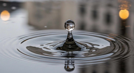 A close-up view of a single water droplet creating ripples in a calm body of water