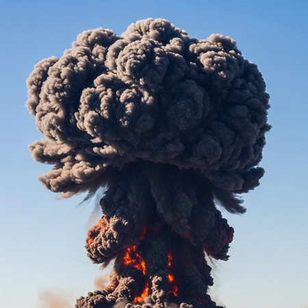 A powerful explosion releasing thick, dark smoke and bright flames against a clear blue sky.