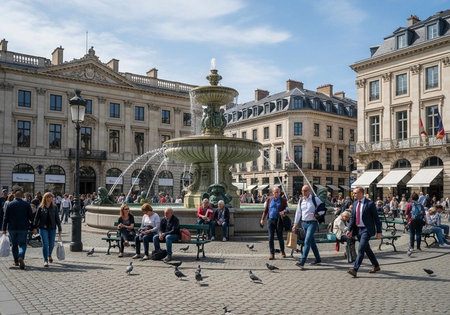 A bustling city square with a large fountain and people walking around on a sunny dayの写真素材