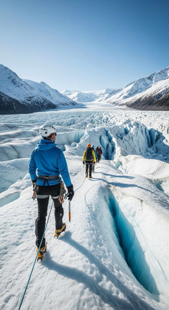 Three adventurous people hiking on a snowy glacier with a breathtaking mountain landscape in the backgroundの写真素材