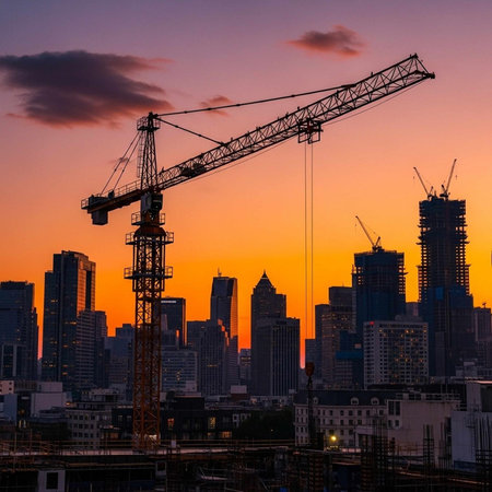 A city skyline with a construction crane at sunset, showcasing urban development and modern...