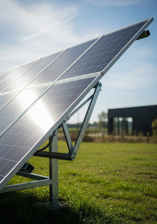 A solar panel standing in a green field with a modern building in the background under a blue sky