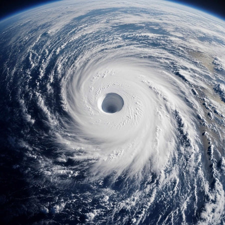 A massive hurricane swirls over the ocean with a clear eye at its center from space