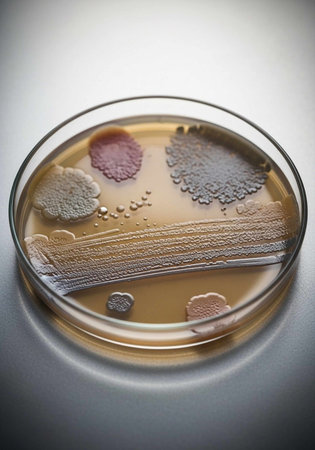 A petri dish containing various bacterial cultures on a nutrient-rich agar gel surface in a...