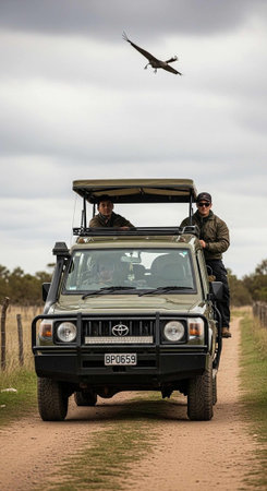 A safari vehicle driving down a dirt road with two men and a bird flying overhead