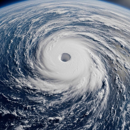 A massive hurricane swirls over the ocean with a clear eye at its center from spaceの写真素材