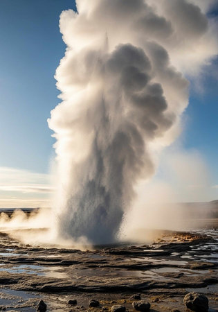 A powerful geyser erupting with steam against a clear blue sky in a rocky, natural landscape.の写真素材