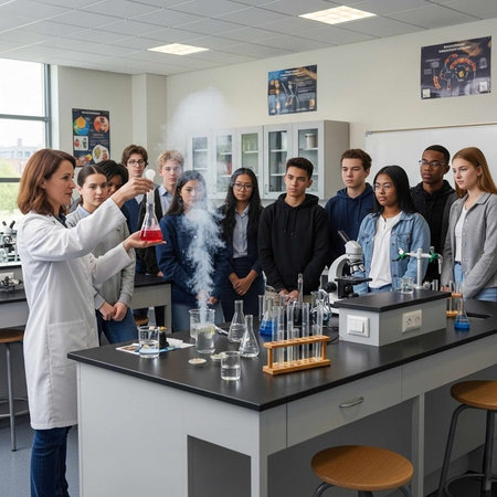 Teacher demonstrating a chemical reaction with smoke in a lab setting with students watching.