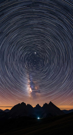 A breathtaking star trail photo taken at night with a mountain range in the foreground