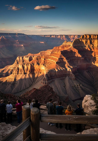 A group of tourists admiring the breathtaking view of the Grand Canyon at sunset
