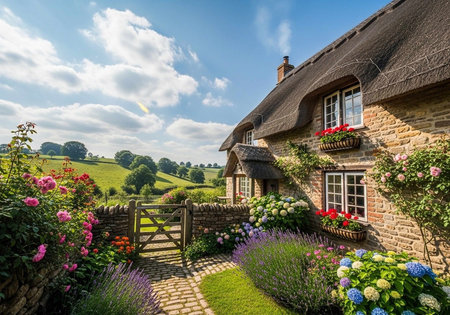 A charming English cottage with a thatched roof and vibrant garden in a serene countryside settingの写真素材