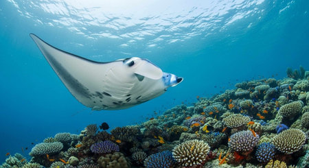A majestic manta ray swims above a vibrant coral reef in the clear blue ocean water.