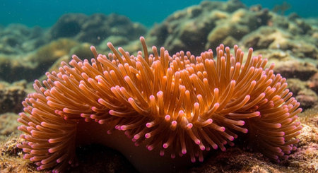 A vibrant orange sea anemone with pink tentacles sits on the ocean floor surrounded by coral
