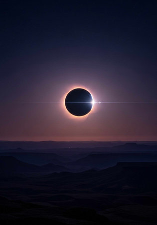 A breathtaking solar eclipse occurs over a mountainous landscape at dusk