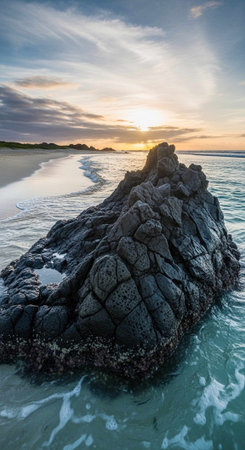 A large rock formation sits on a beach at sunset with waves gently lapping at its base.の写真素材