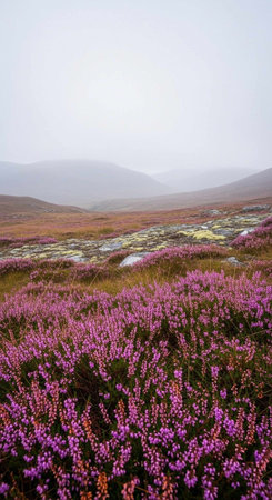 A serene landscape of purple heather flowers in a misty mountain valley with a stream