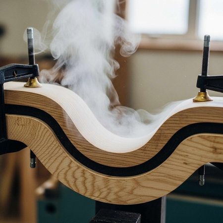 A wooden object is being shaped and steamed in a workshop setting with clamps holding it in place