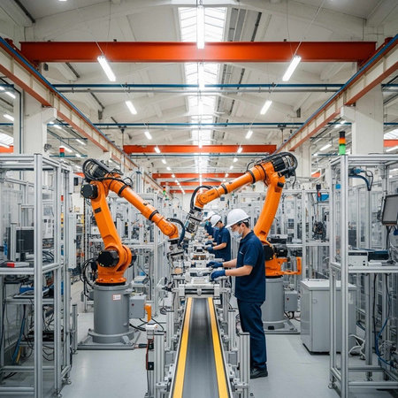Industrial workers operating robotic arms in a modern factory setting with advanced machinery