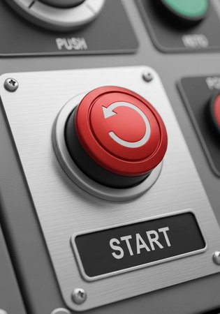 A close-up view of a red start button on a control panel with various other buttons