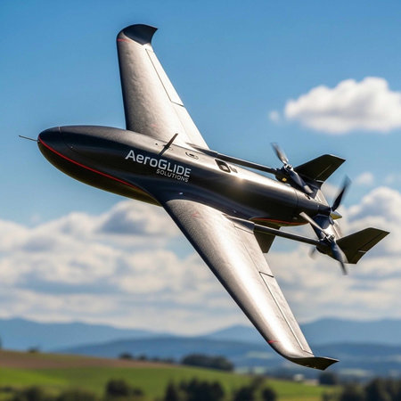 A sleek silver airplane soars through a clear blue sky with fluffy white clouds and green landscape...