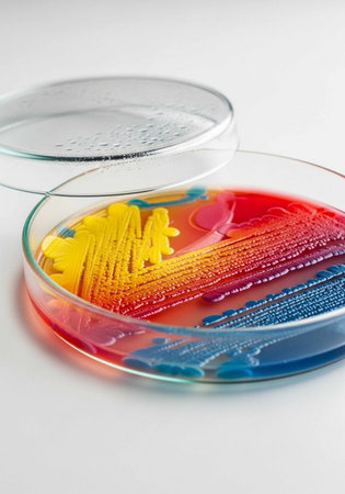 A colorful petri dish with bacteria growth in a laboratory setting for scientific research and...