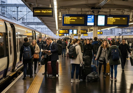 A bustling train station with people waiting to board a train
