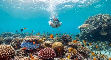 A person snorkeling above a vibrant coral reef teeming with marine life in clear blue ocean water.