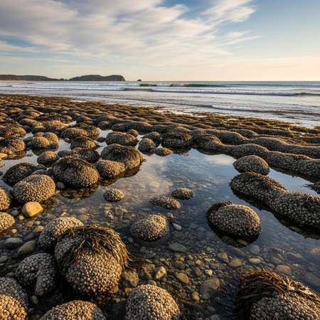 A serene beach scene with unique rock formations at low tide under a cloudy sky