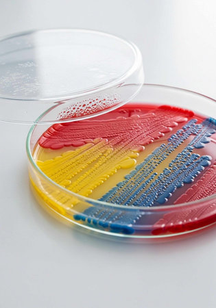 A petri dish with colorful agar gel and bacteria growth on a white laboratory surface