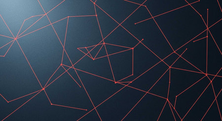 A dark background with a complex network of red lines and geometric shapesの写真素材
