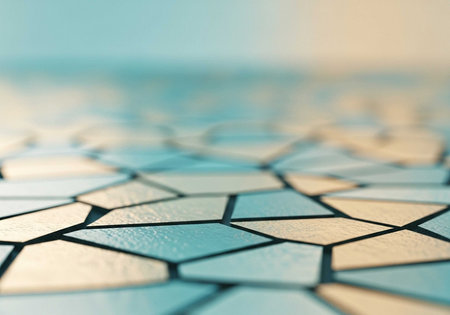 A close-up view of a mosaic tile floor with a blurred backgroundの写真素材