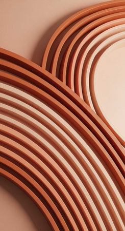 A modern abstract design featuring curved brown lines on a beige backgroundの写真素材