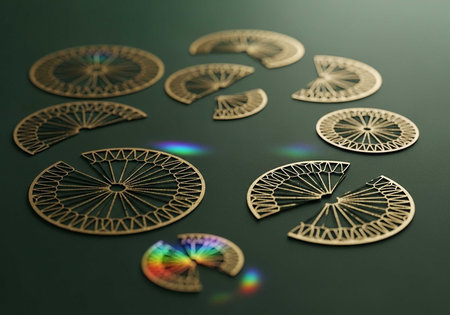 A collection of intricately designed puzzle pieces arranged on a dark surface with rainbow reflectionsの写真素材