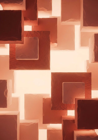 A modern abstract art piece featuring a collection of geometric shapes in various shades of orange and brown.の写真素材