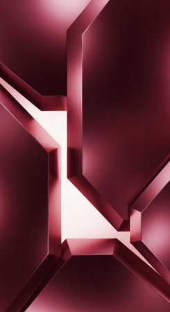 A modern abstract design featuring geometric shapes in a vibrant red color scheme with dramatic lightingの写真素材
